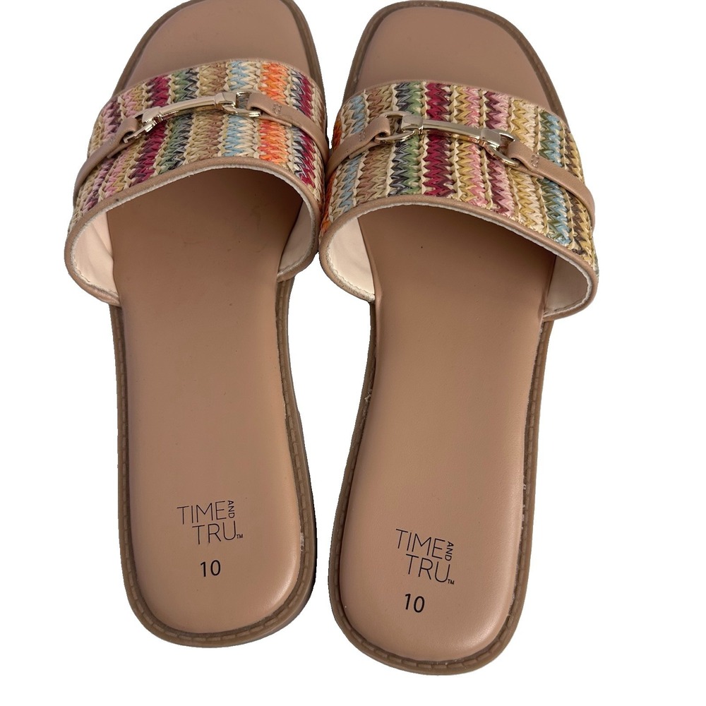Time and Tru Women's Chevron Slide Sandals Beige/Multicolor Buckle US 10 - Picture 5 of 7